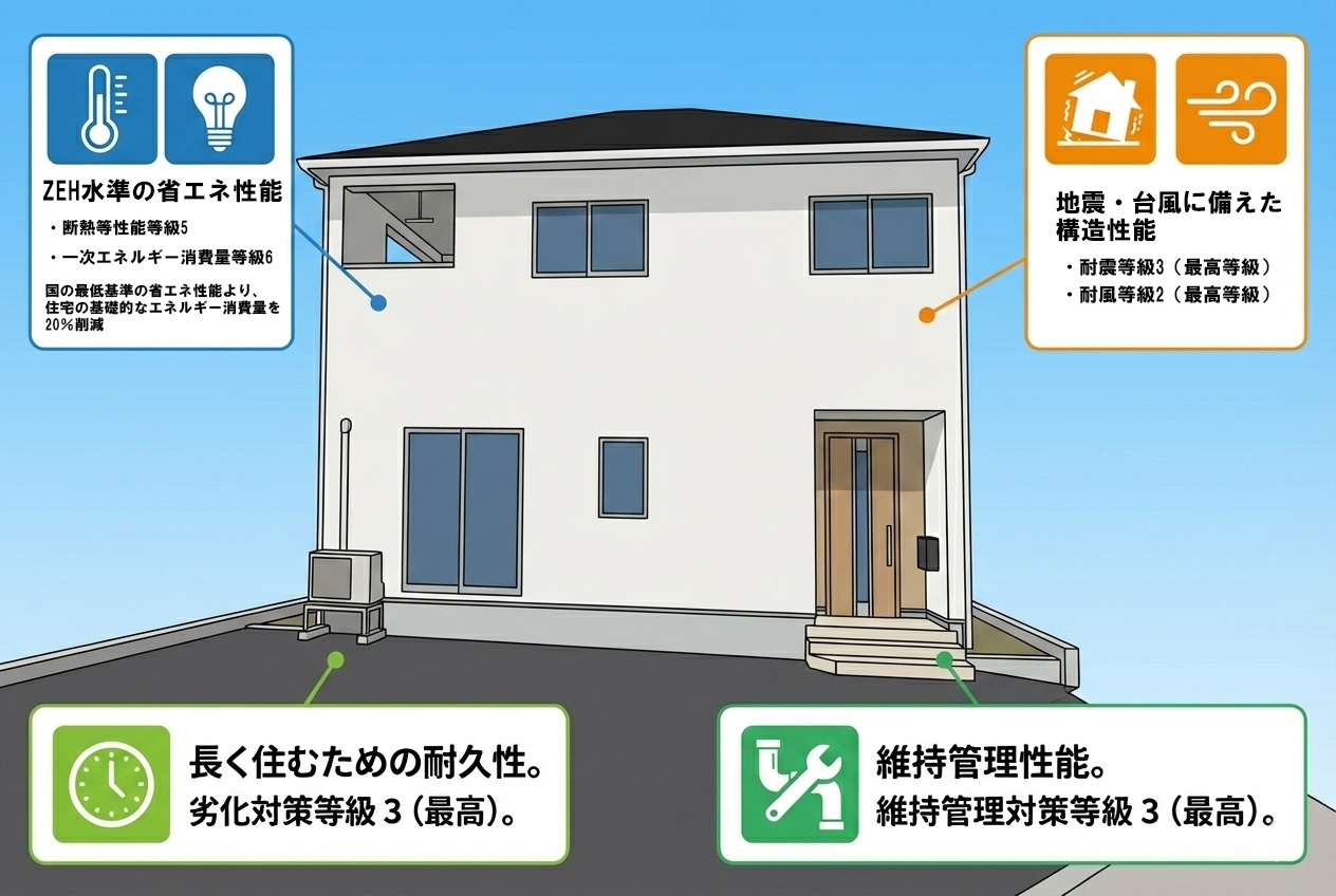 ZEH水準の断熱・省エネ性能、耐震等級3・耐風等級2、劣化対策等級3、維持管理対策等級3を示す性能イメージ